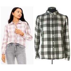 LOFT – Plaid Round Collar Long Sleeve Button Down Top – Small (Olive Green)